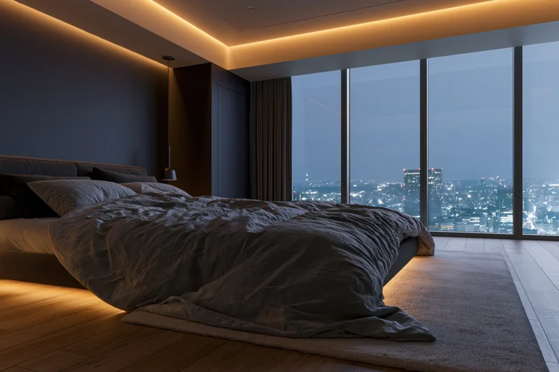 Modern luxury bedroom at night with king-size bed and city view through panoramic windows