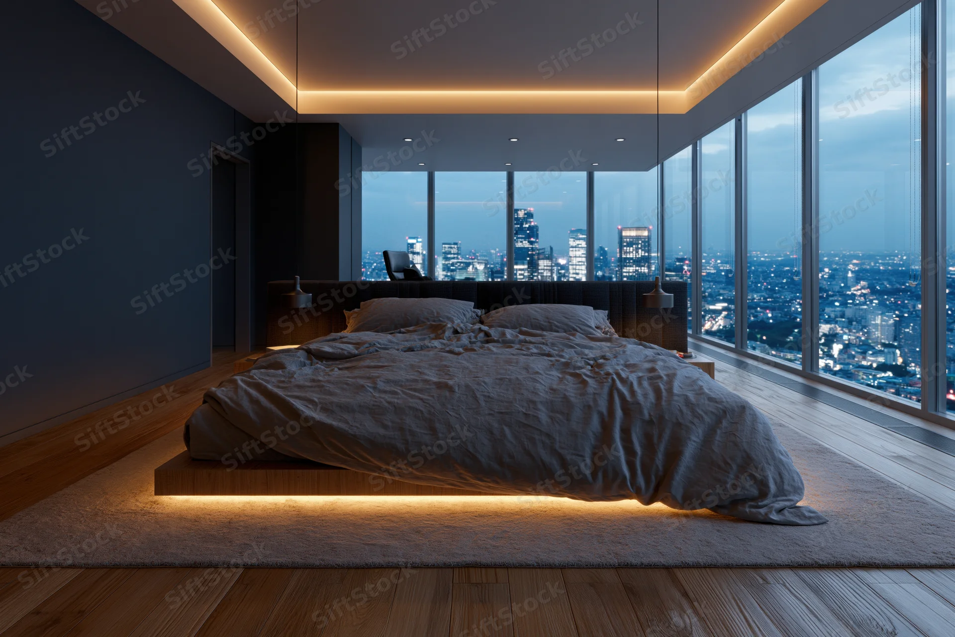 Modern luxury bedroom with king-size bed and city view at night