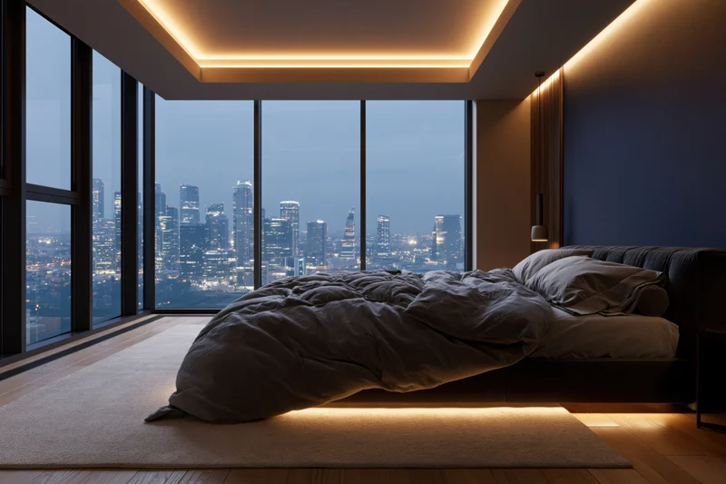 Modern luxury bedroom with king-size bed and city skyline view at night