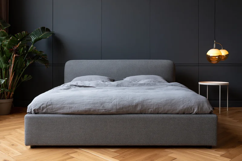 Modern minimalist bedroom with grey upholstered bed against dark paneled wall, wooden parquet flooring, pendant lamp, and potted plant