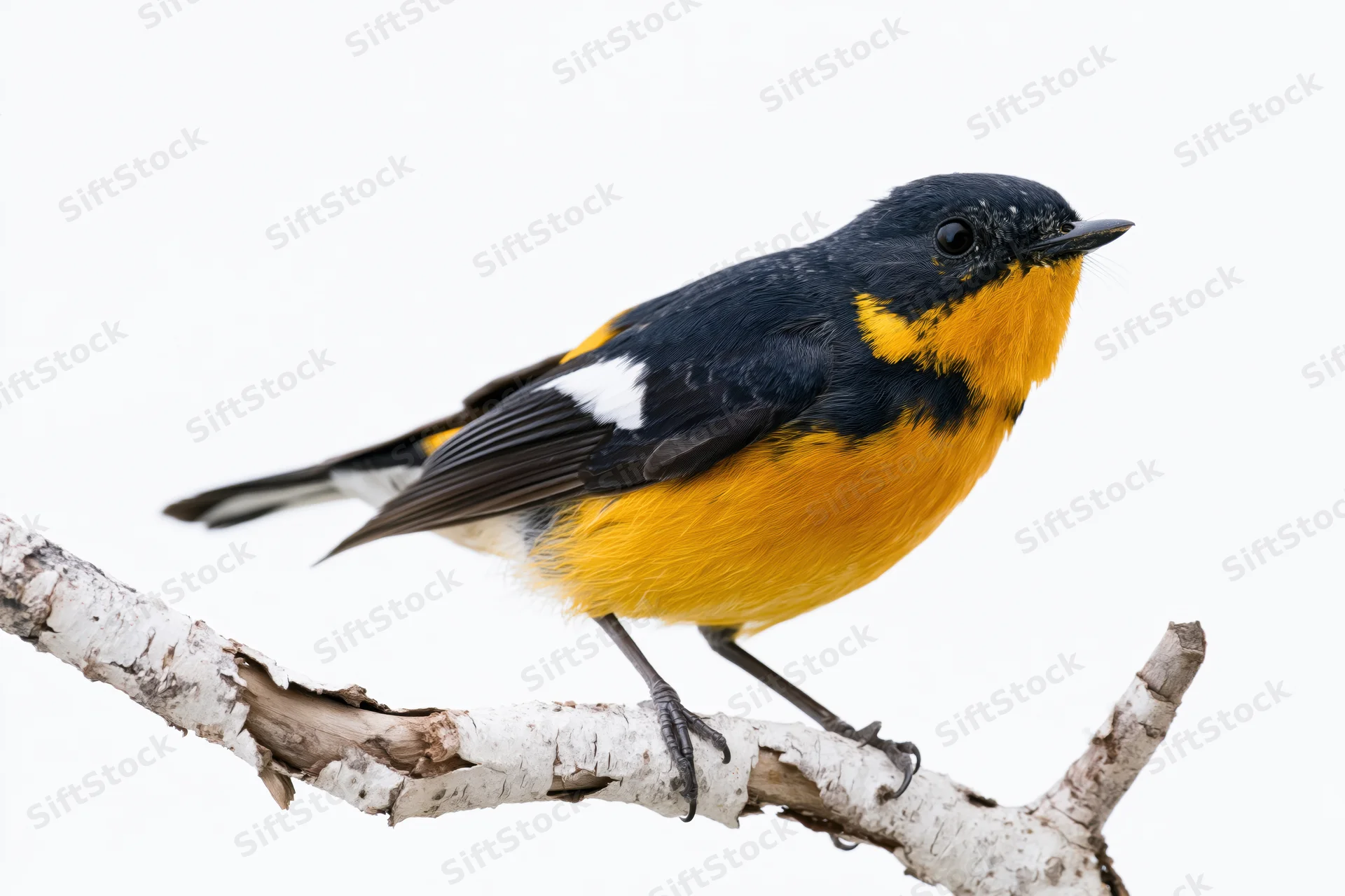 Narcissus flycatcher perched alert on a bare weathered branch against white background