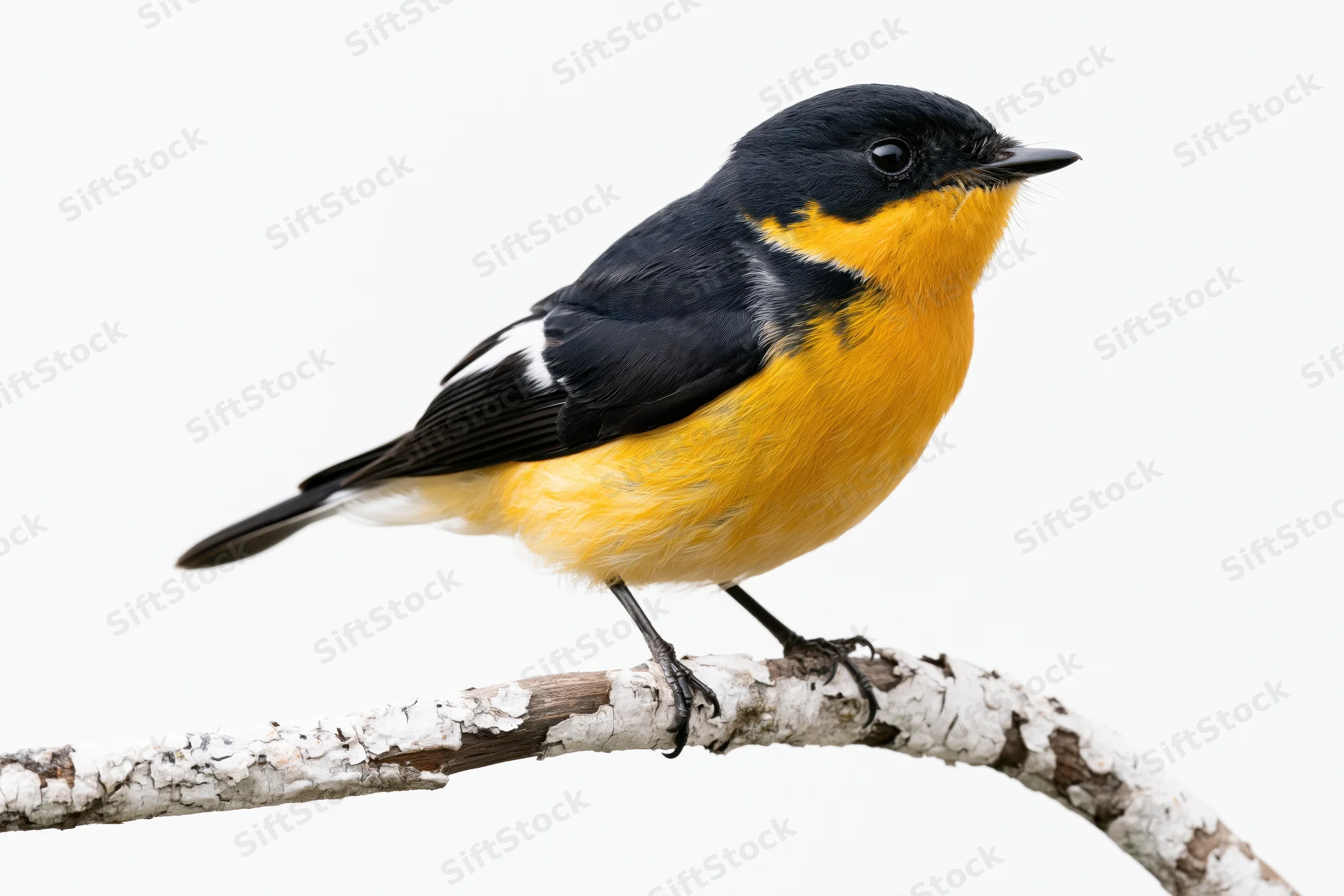 Narcissus flycatcher perched alert on a bare weathered branch