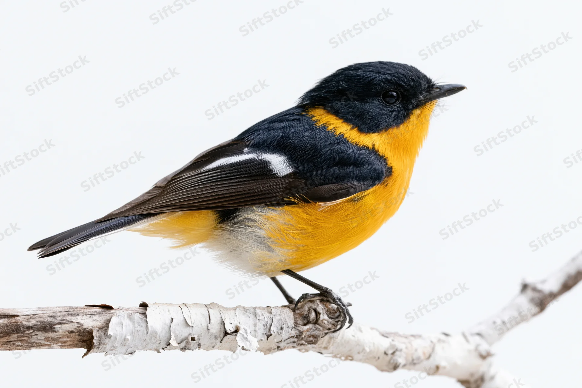 Narcissus flycatcher perched alert on a bare weathered branch