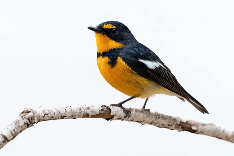 Narcissus flycatcher perched alert on a bare weathered branch