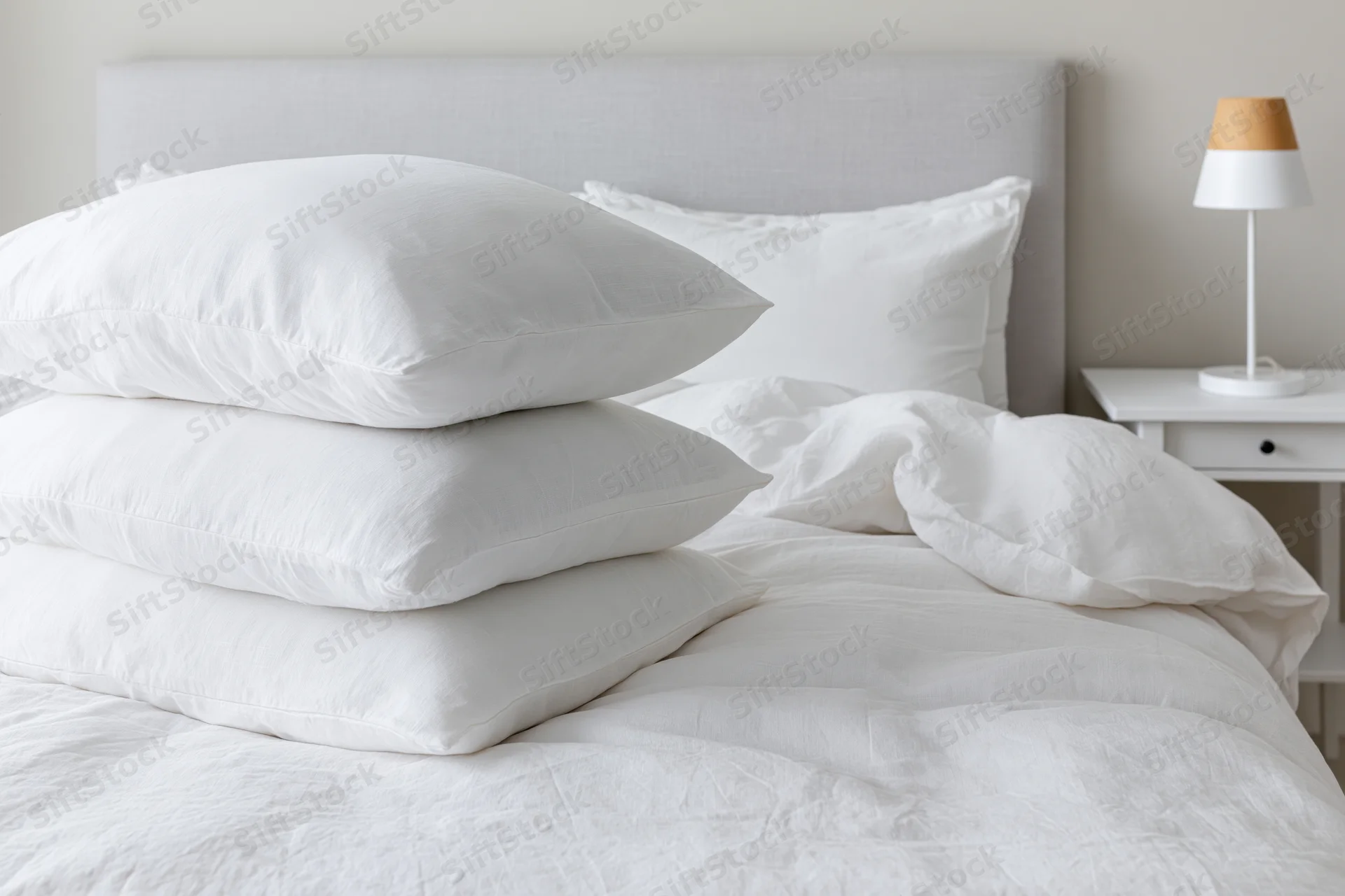 Stack of white pillows on a neatly made bed in a minimalist bedroom