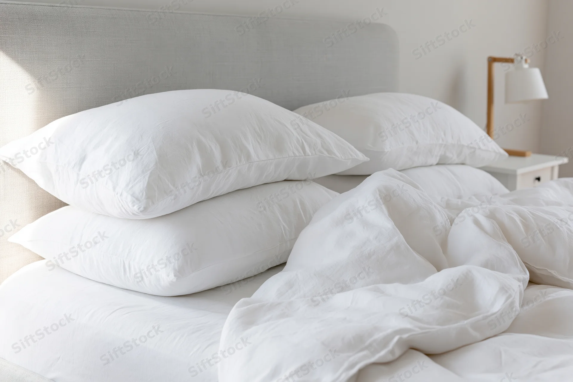 Unmade bed with white pillows and crumpled comforter against a gray headboard in a bright bedroom