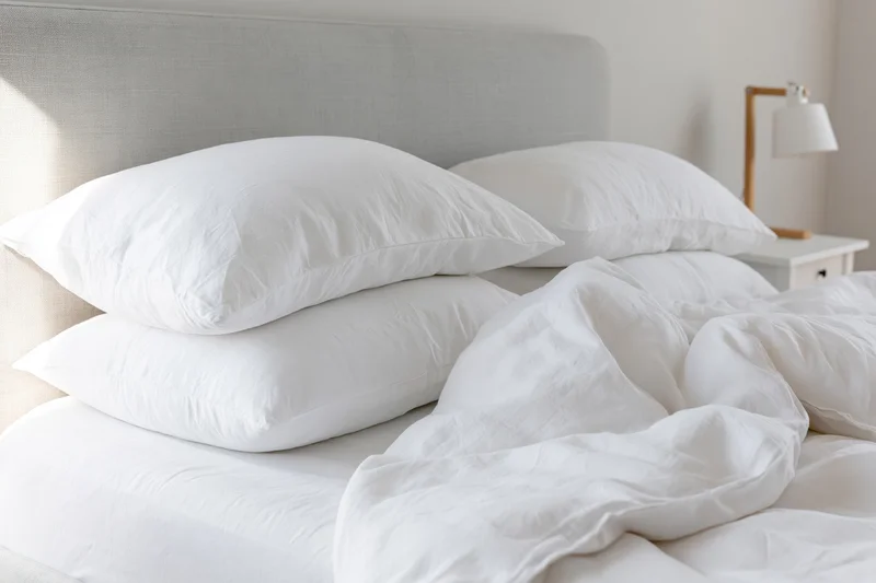 Unmade bed with white pillows and crumpled comforter against a gray headboard in a bright bedroom