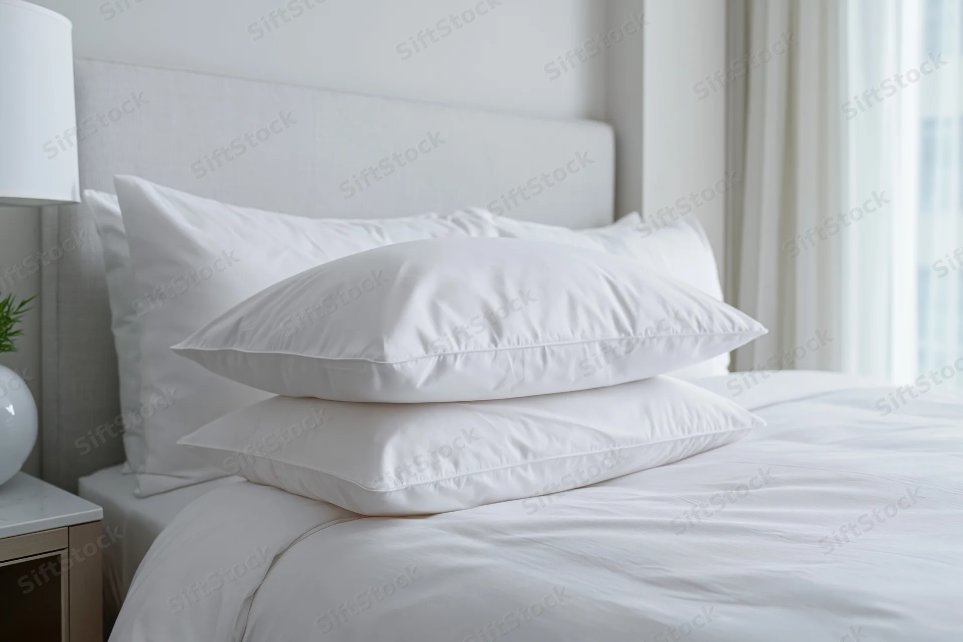 Neatly made hotel bed with stacked white pillows and crisp linens in a bright bedroom
