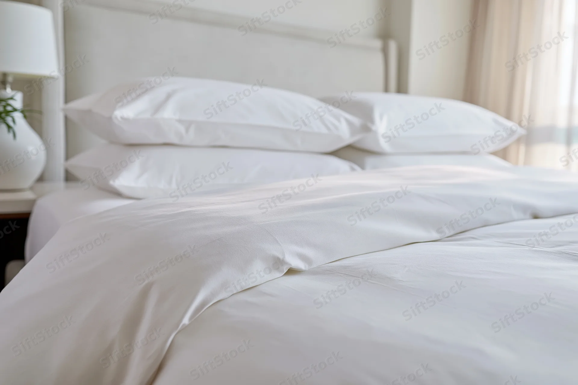 Neatly made hotel bed with crisp white linens and stacked pillows beside a window with curtains