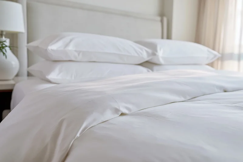 Neatly made hotel bed with crisp white linens and stacked pillows beside a window with curtains
