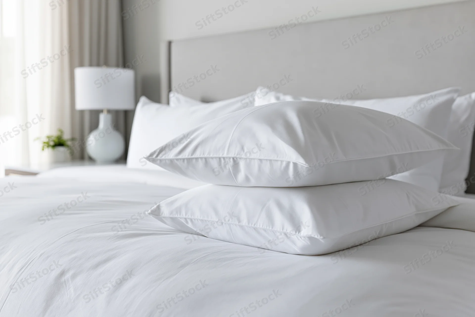 Neatly made hotel bed with stacked white pillows and crisp linens in a bright bedroom