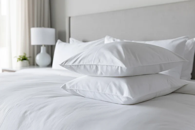 Neatly made hotel bed with stacked white pillows and crisp linens in a bright bedroom