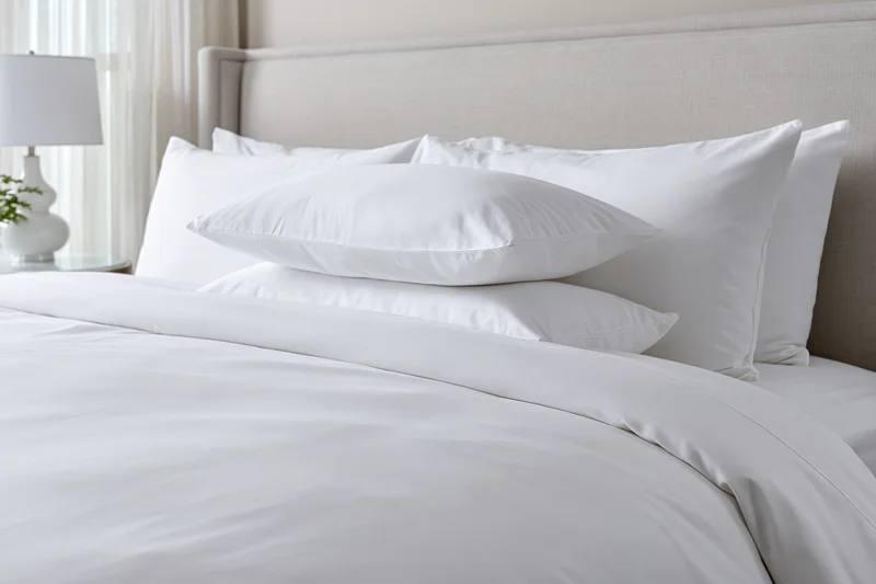 Neatly made hotel bed with crisp white linens and stacked pillows against a headboard in a bedroom