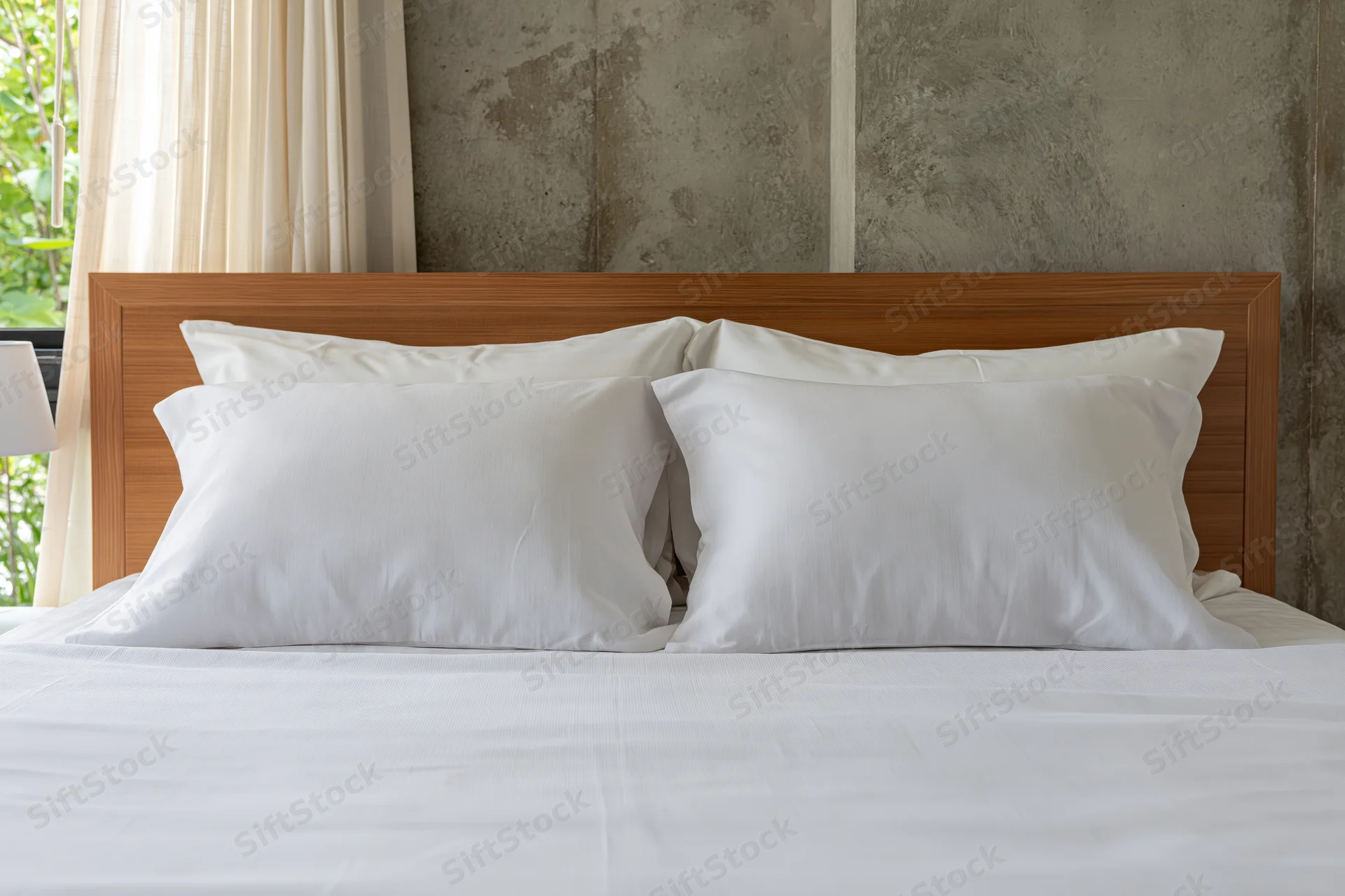 Neatly made hotel bed with four white pillows arranged against a wooden headboard and concrete wall
