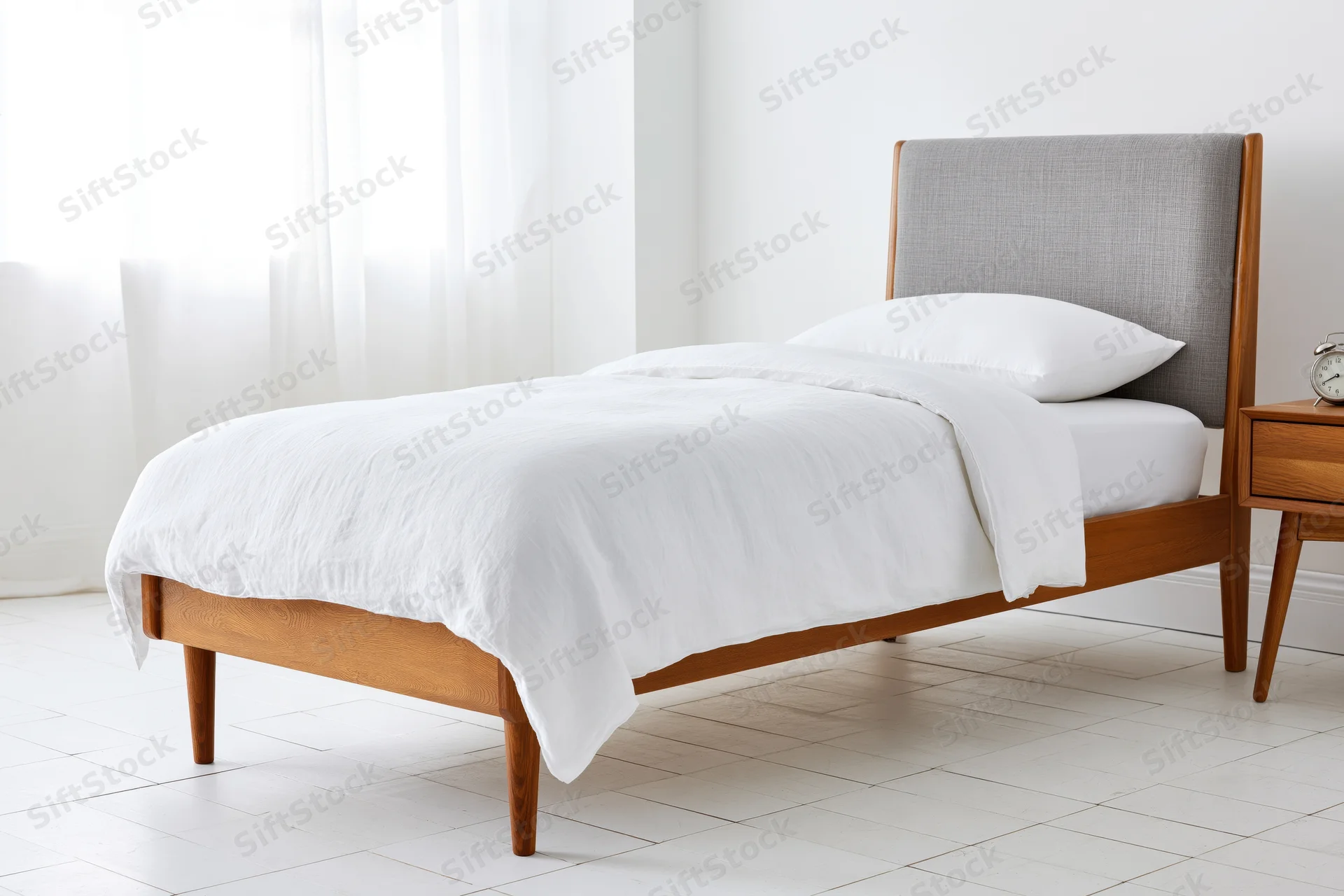 Single bed with white linen duvet and wooden frame in minimalist bedroom