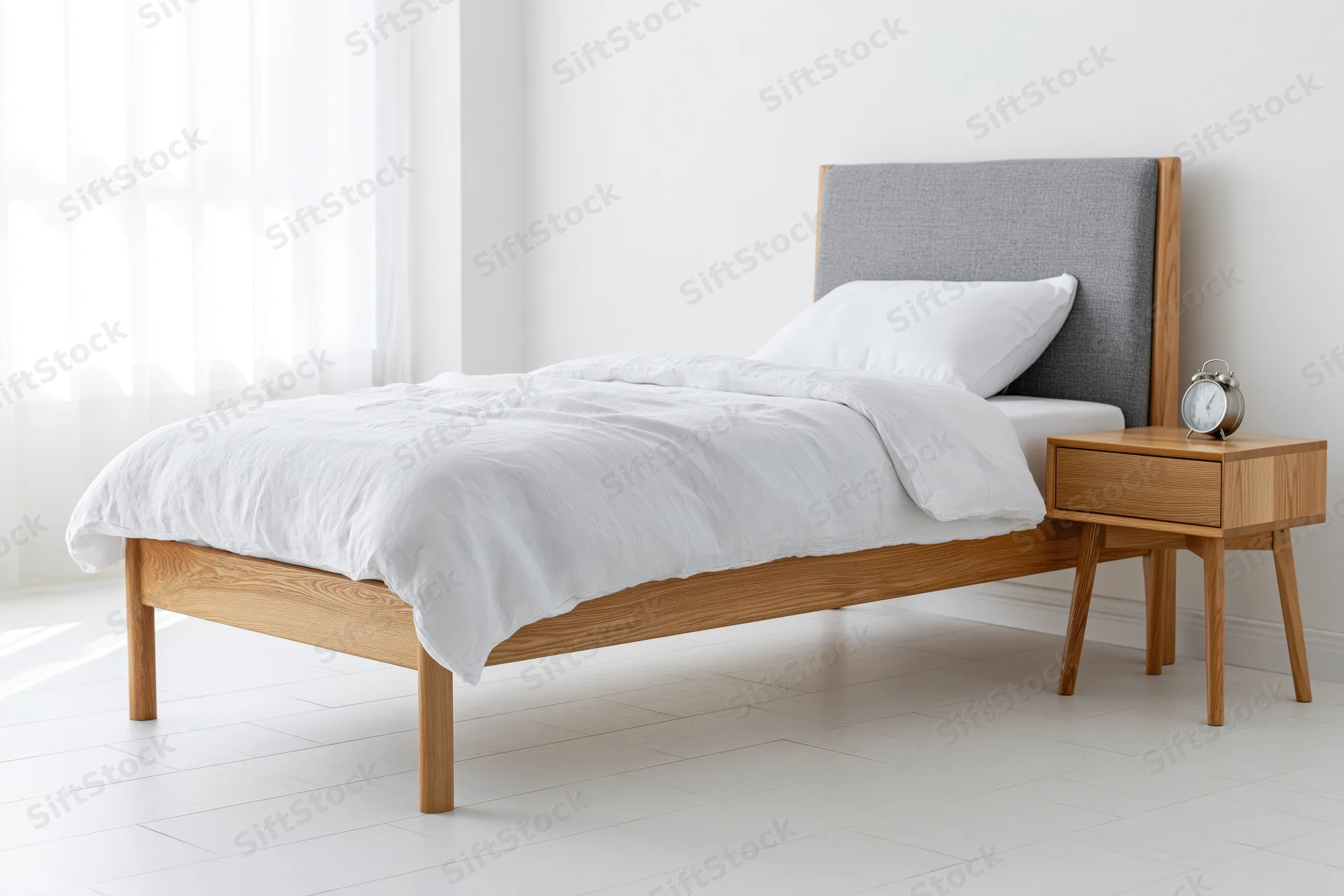Single bed with white linen duvet and wooden frame beside a matching nightstand in a bright minimalist bedroom