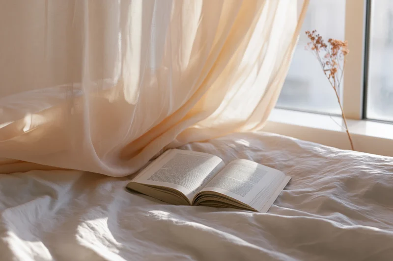 Open book lying on unmade white linen bed near window with sheer curtain and dried flower stem