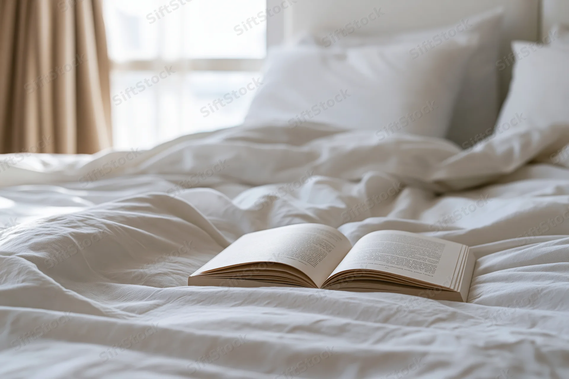 Open paperback book lying face-down on a rumpled unmade bed in a softly lit bedroom