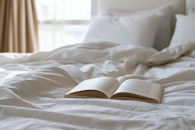 Open paperback book lying face-down on a rumpled unmade bed in a softly lit bedroom