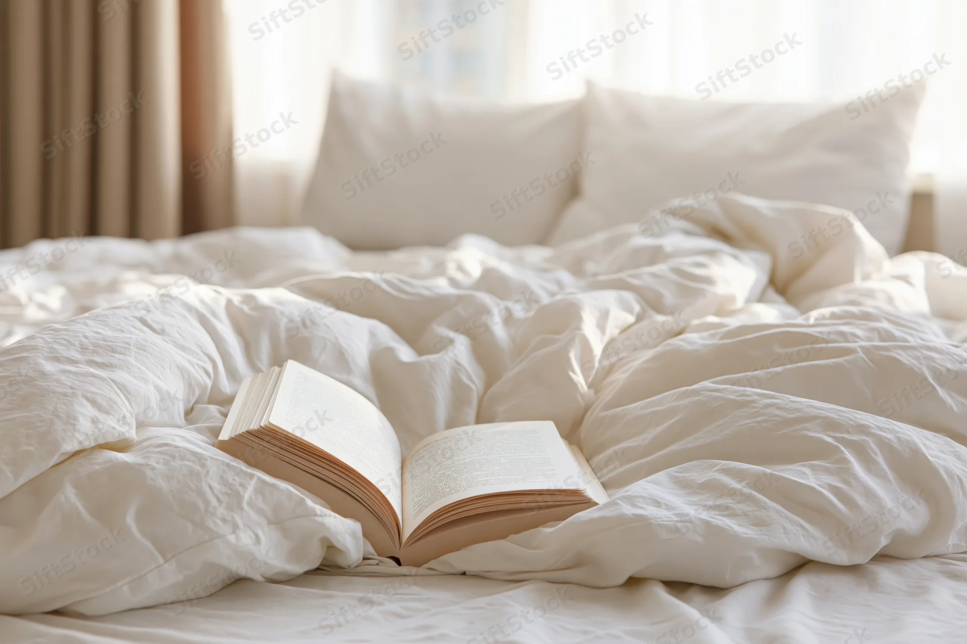 Open paperback book lying face-down on a rumpled unmade bed in a sunlit bedroom