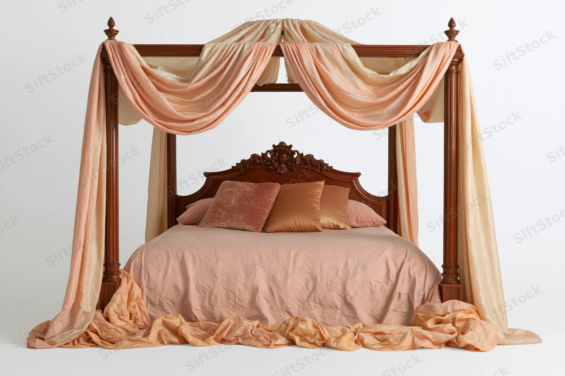 Ornate wooden four-poster canopy bed with draped peach fabric and pillows on white background