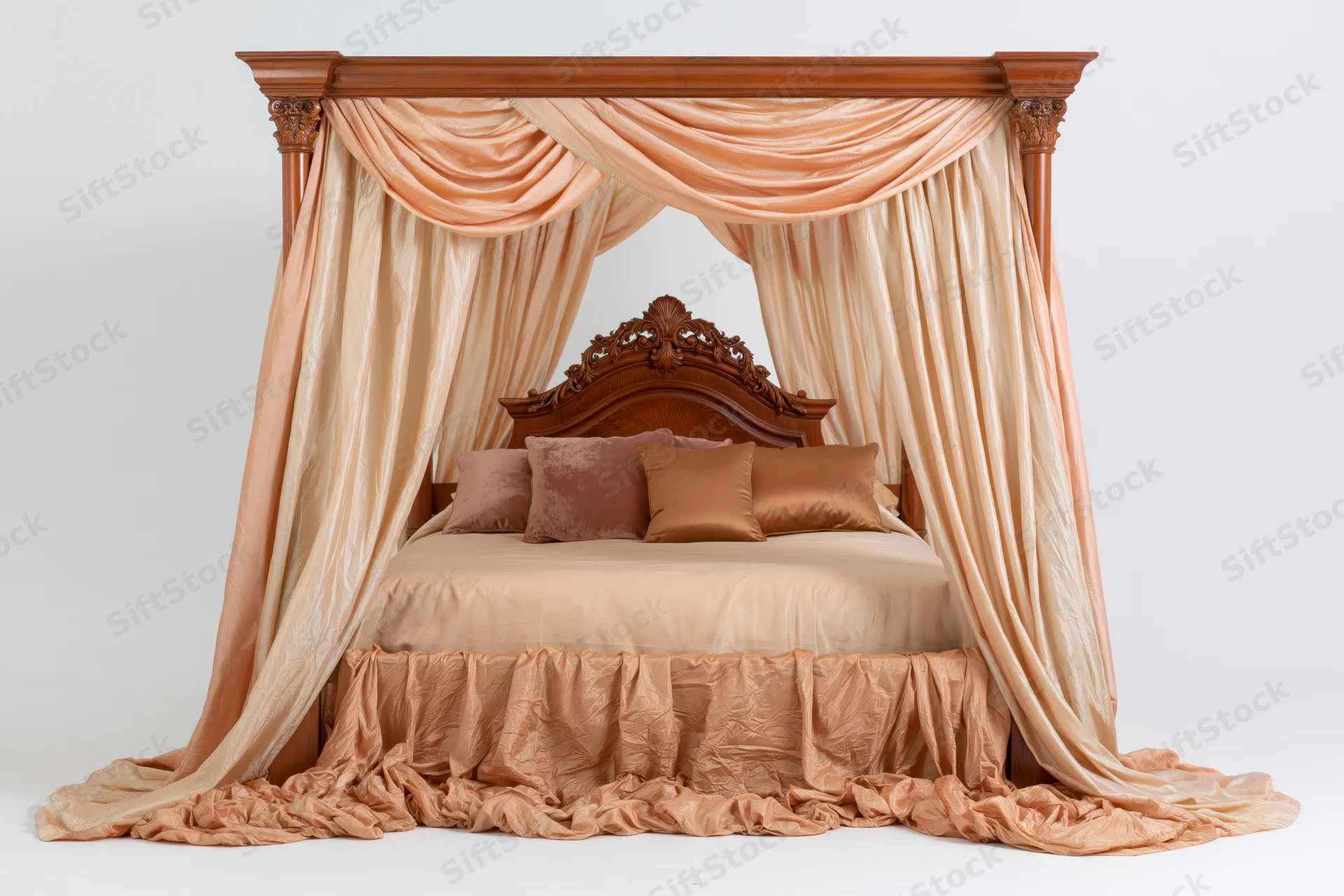 Ornate wooden four-poster bed with draped peach fabric canopy and matching bedding on white background