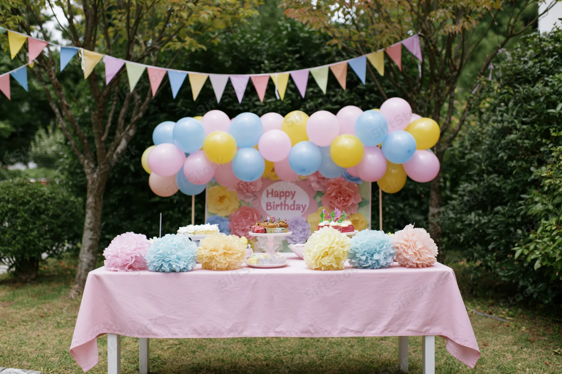 Birthday party setup with balloons and desserts on a table in a backyard garden