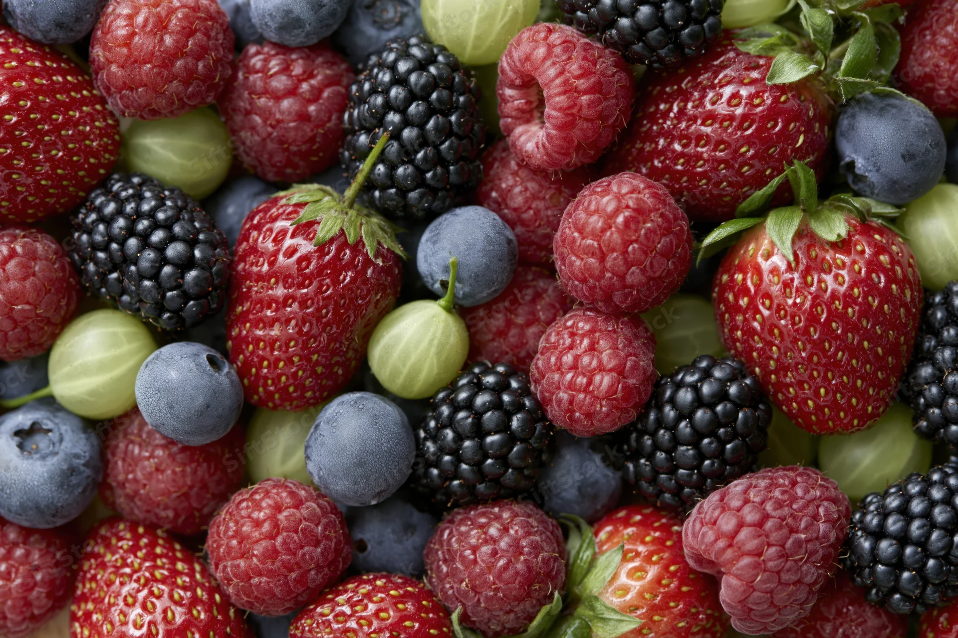 Overhead close-up of a dense pile of mixed fresh berries including strawberries, raspberries, blueberries, blackberries, and gooseberries