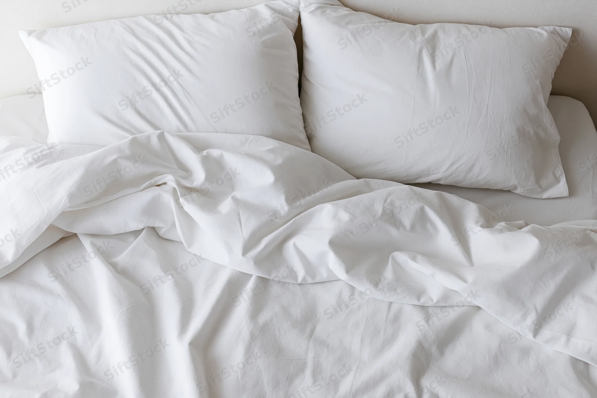 Overhead view of unmade bed with two white pillows and crumpled sheets in bedroom