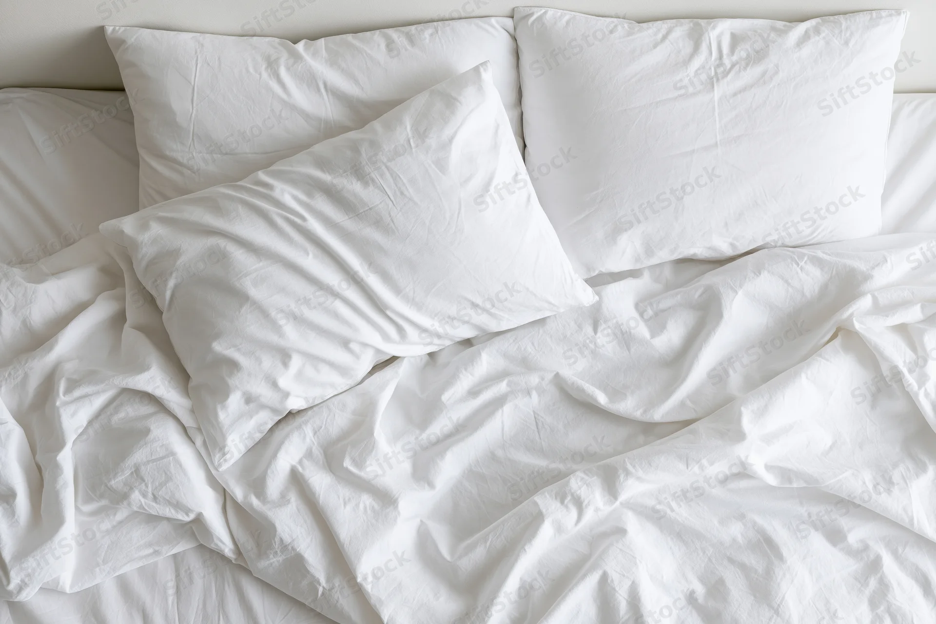 Overhead view of an unmade bed with white pillows and crumpled sheets in a bedroom