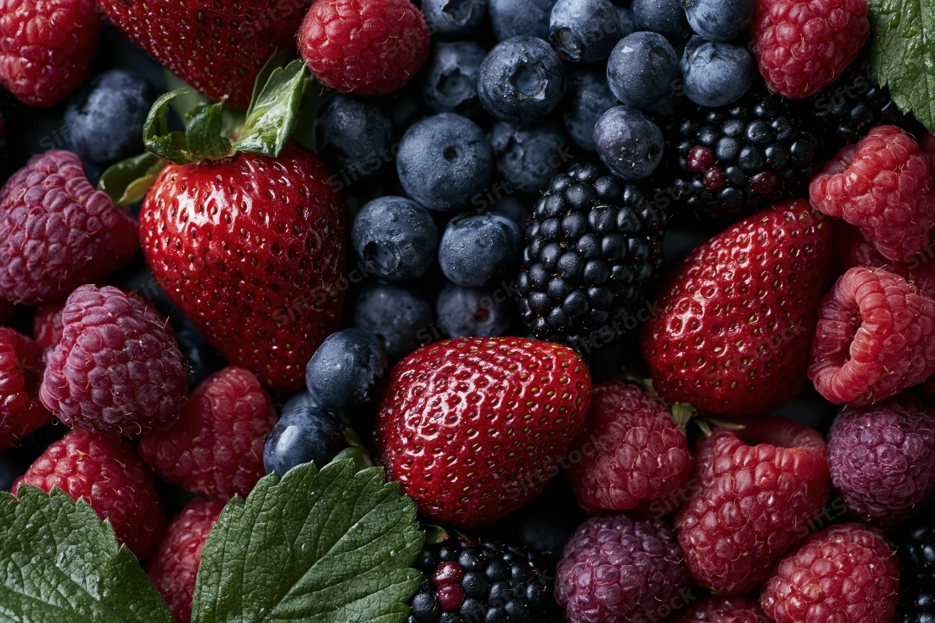 Overhead flat-lay of mixed fresh berries including strawberries, blueberries, raspberries and blackberries with green leaves