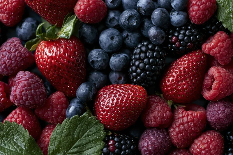 Overhead flat-lay of mixed fresh berries including strawberries, blueberries, raspberries and blackberries with green leaves