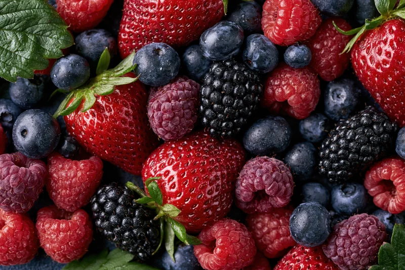 Overhead flat-lay of mixed fresh berries including strawberries, blueberries, raspberries and blackberries with green leaves