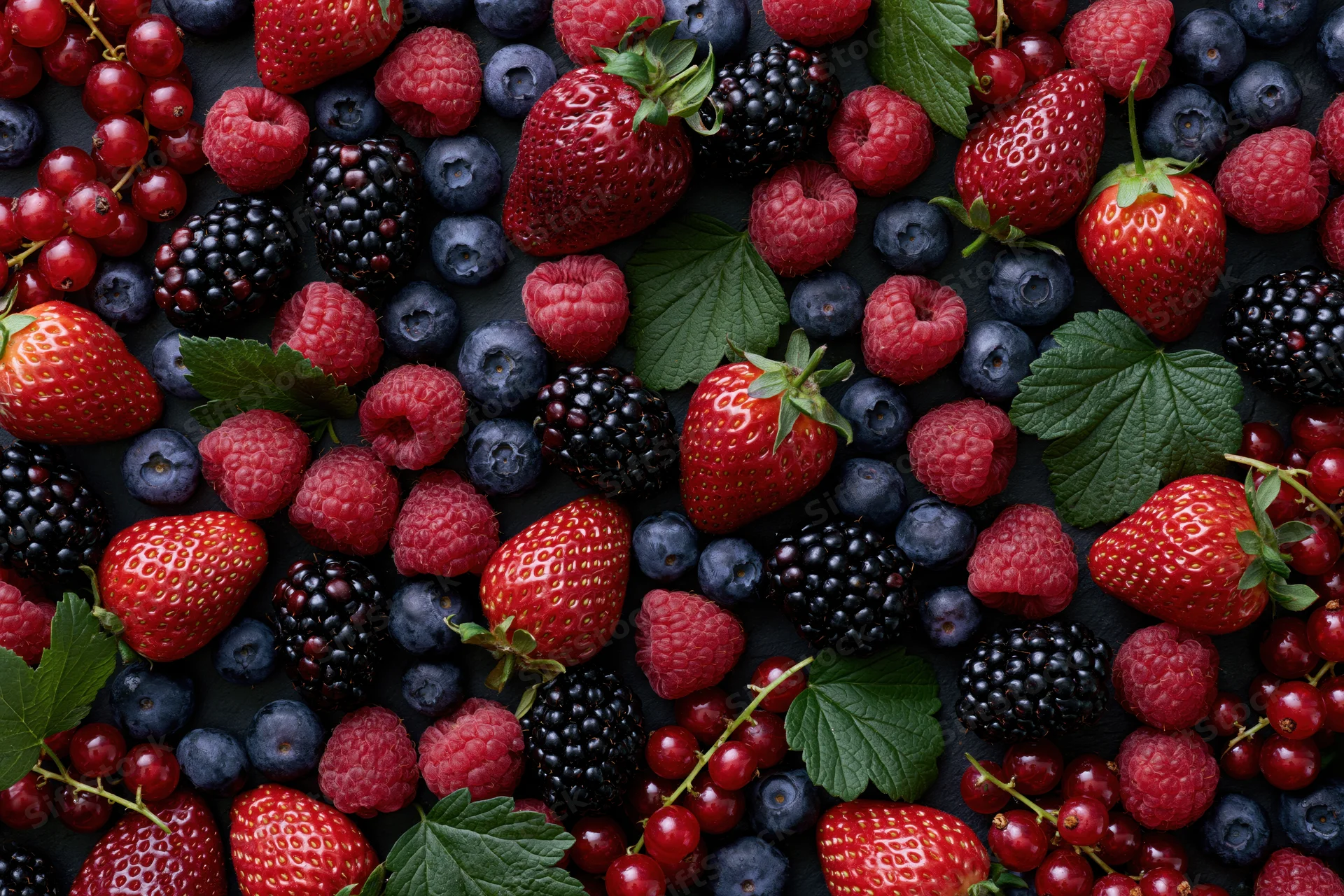 Overhead flat-lay of mixed fresh berries including strawberries, blueberries, raspberries, blackberries, and redcurrants on dark surface with green leaves