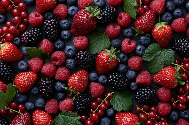 Overhead flat-lay of mixed fresh berries including strawberries, blueberries, raspberries, blackberries, and redcurrants on dark surface with green leaves