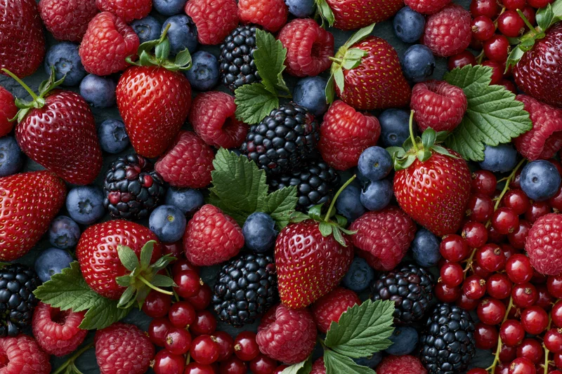 Overhead flat-lay of mixed fresh berries including strawberries, blueberries, raspberries, blackberries, and redcurrants on dark surface