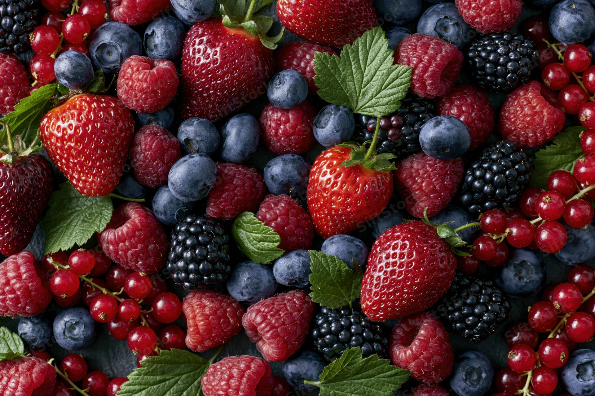 Overhead flat-lay of mixed fresh berries including strawberries, blueberries, raspberries, blackberries, and redcurrants with green leaves on dark surface