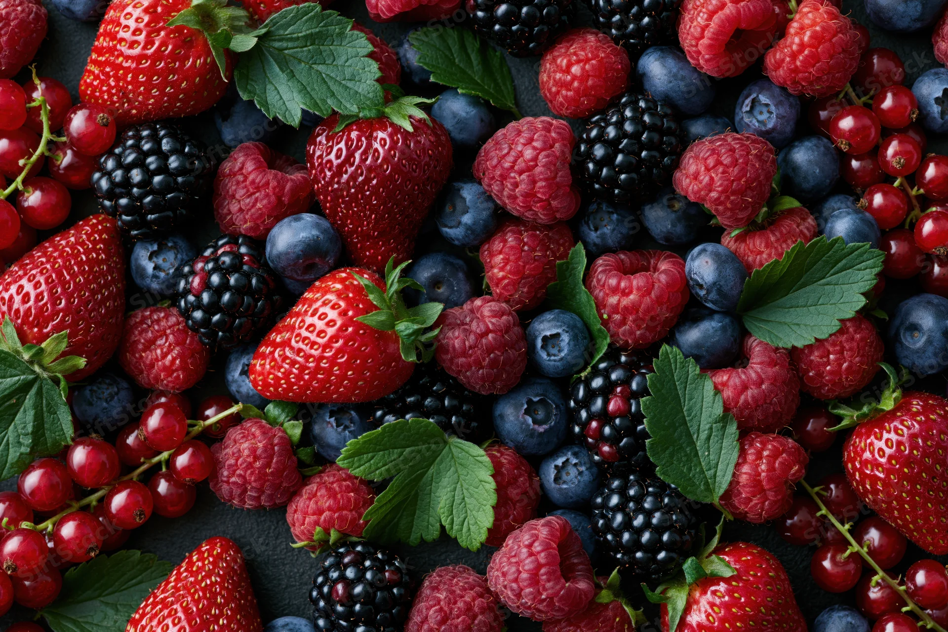 Overhead flat-lay of mixed fresh berries including strawberries, blueberries, raspberries, blackberries, and redcurrants on dark surface