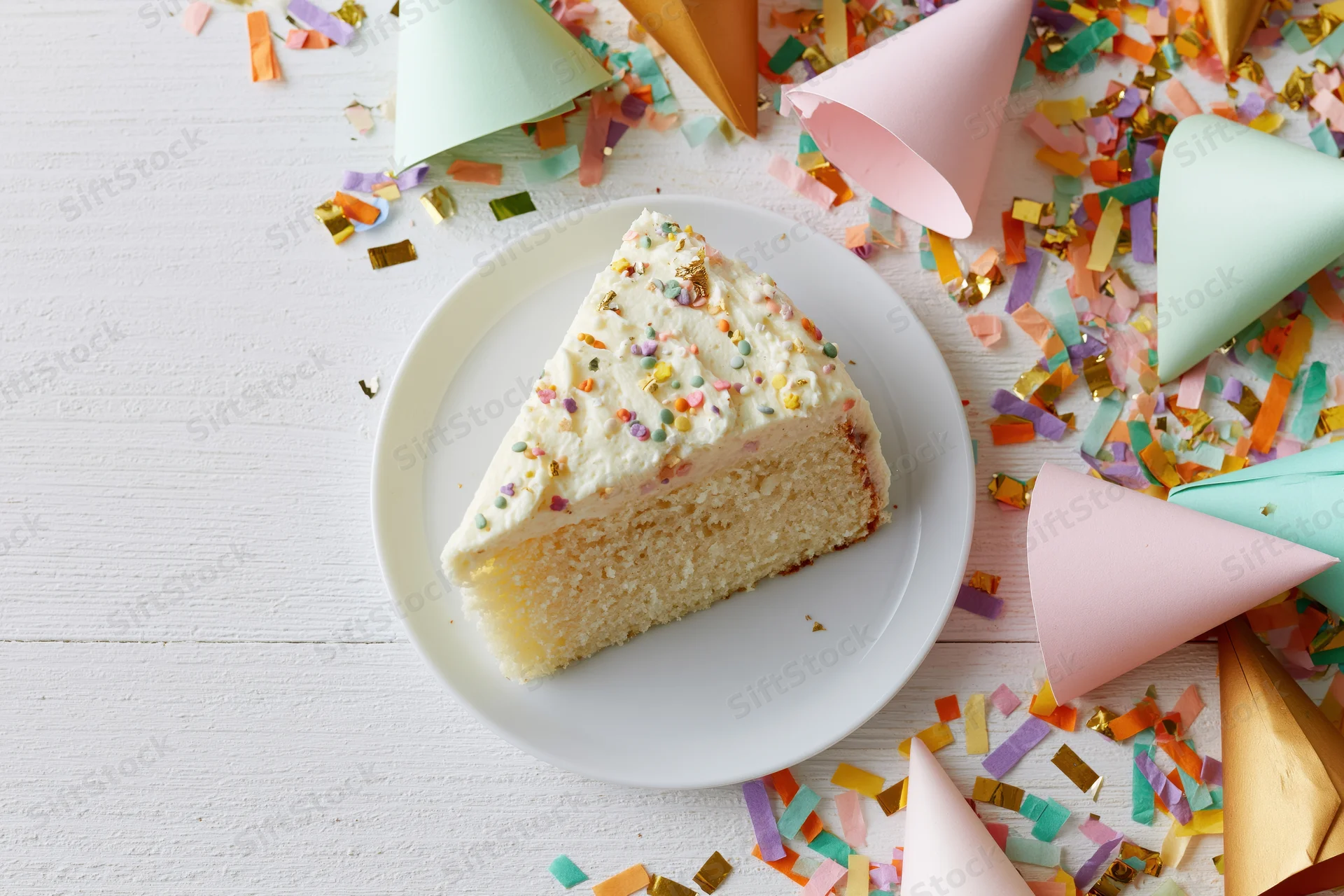 Slice of birthday cake on white plate surrounded by party hats and confetti on wooden surface
