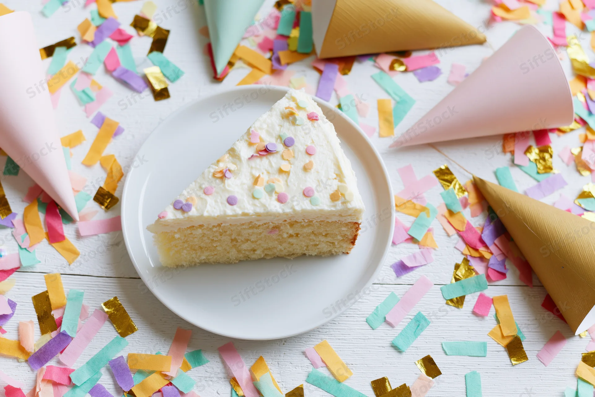 Slice of birthday cake with sprinkles on white plate surrounded by confetti and party hats