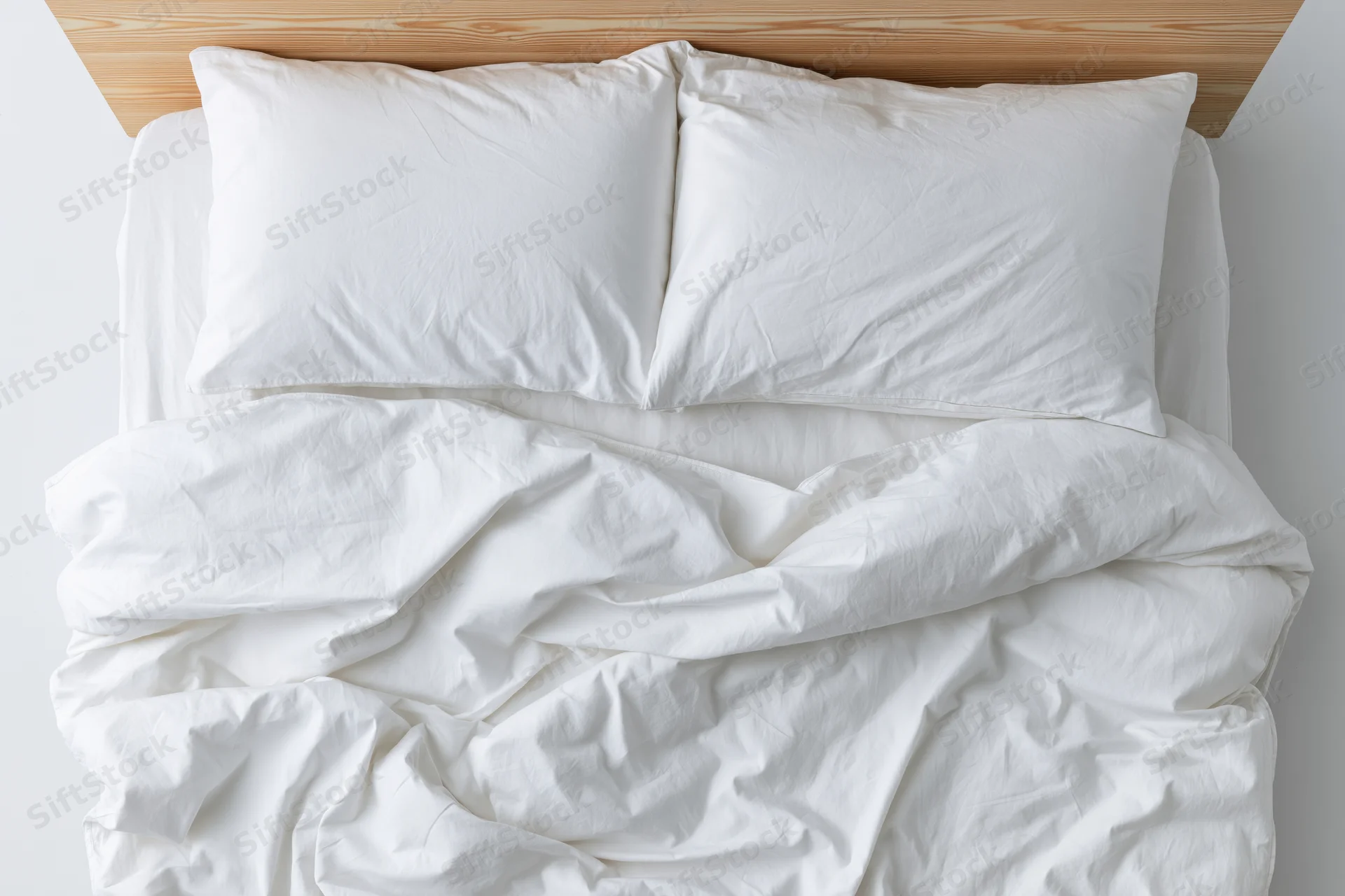 Overhead view of a double bed with white bedding and wooden headboard, unmade with crumpled duvet and pillows