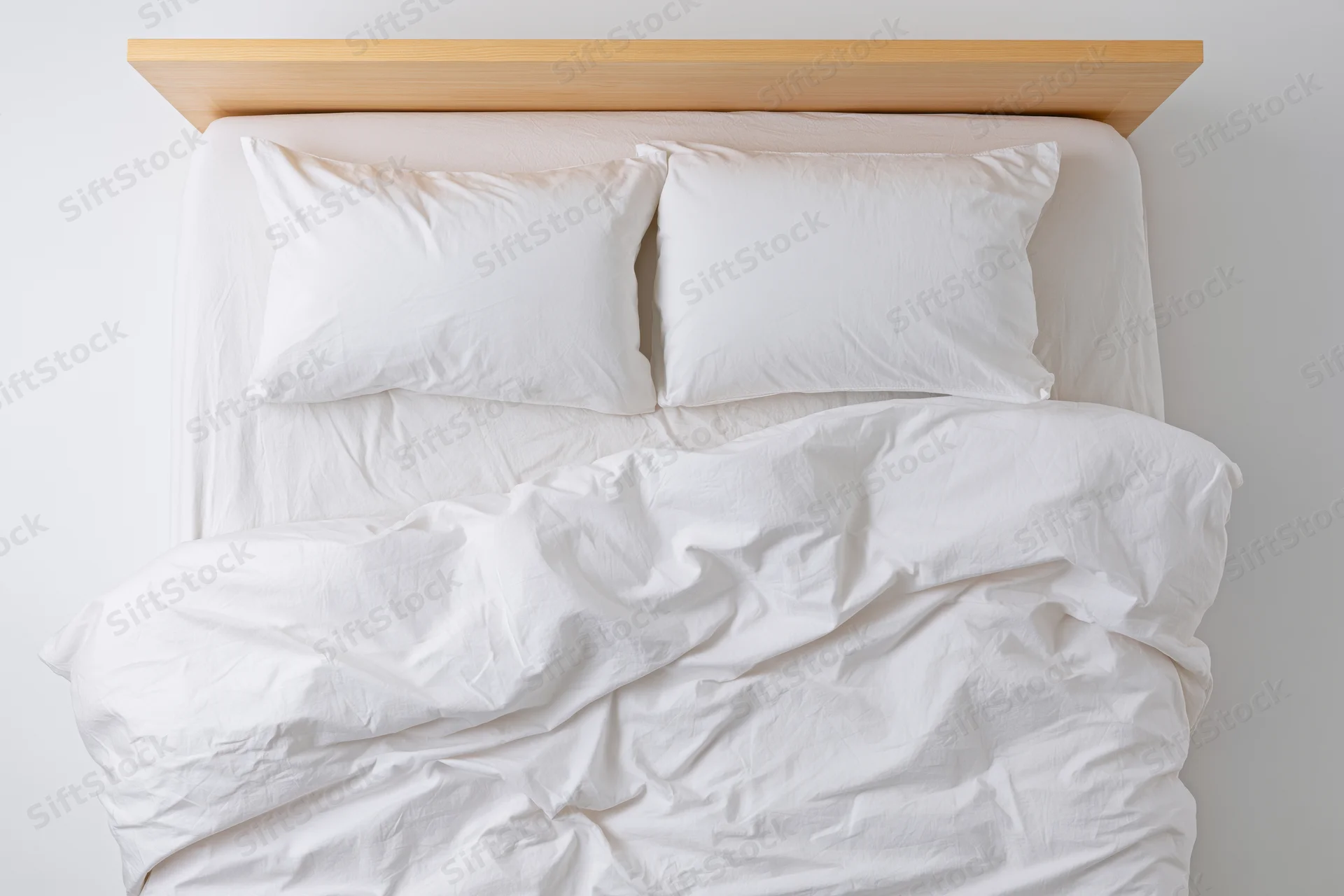 Overhead view of a rumpled white bed with two pillows and a crumpled duvet against a plain wall