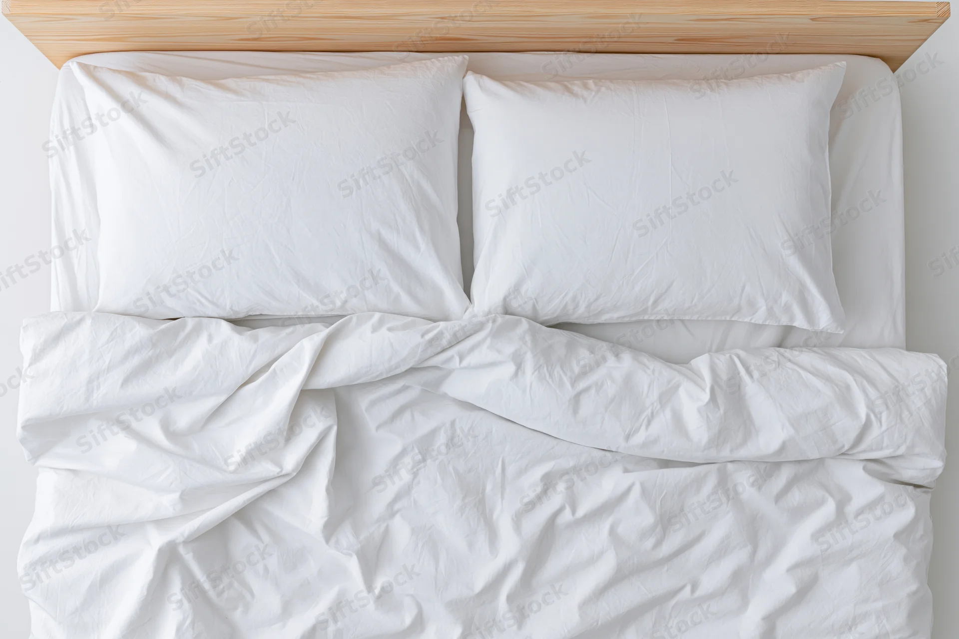 Overhead view of a double bed with white bedding and wooden headboard, unmade with crumpled sheets and pillows