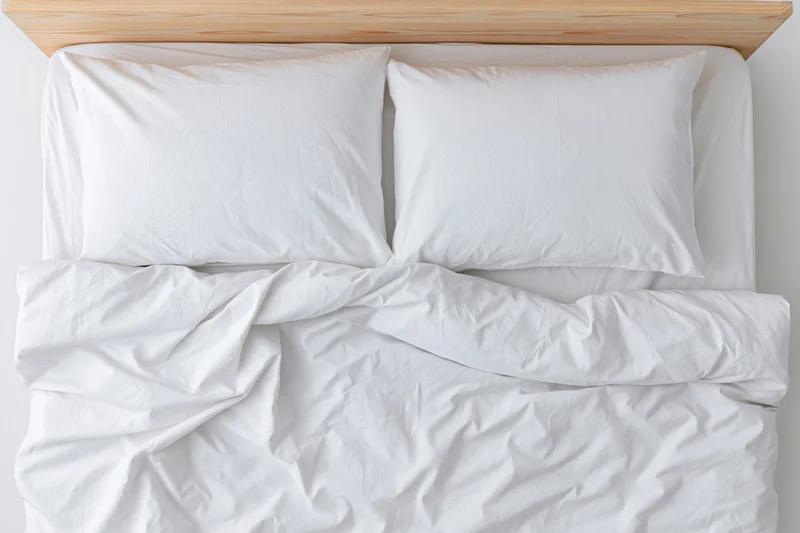 Overhead view of a double bed with white bedding and wooden headboard, unmade with crumpled sheets and pillows