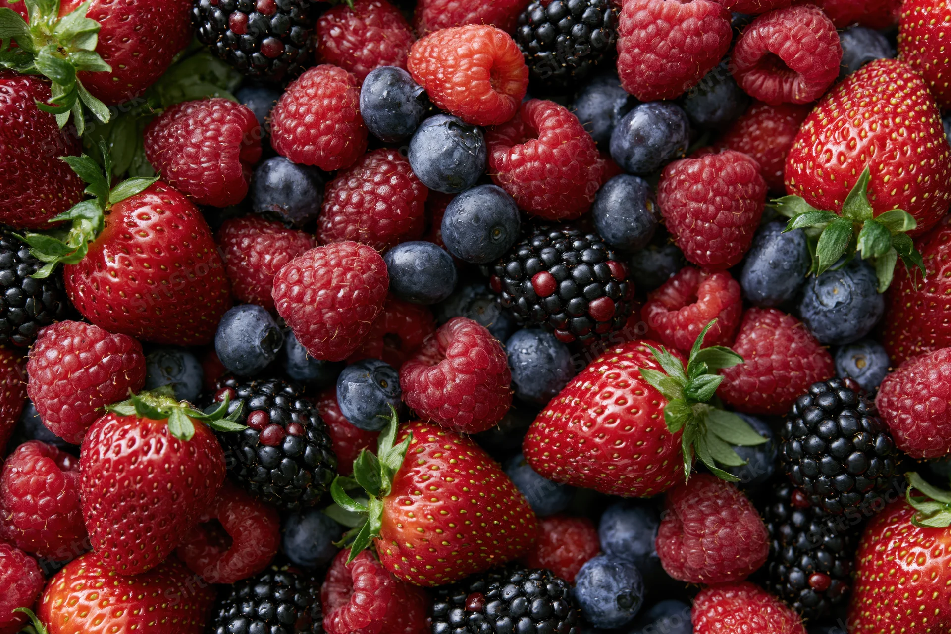 Overhead flat lay of mixed fresh berries covering the entire frame