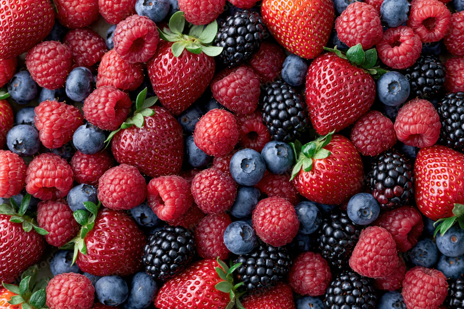 Overhead flat lay of mixed fresh berries covering the entire frame