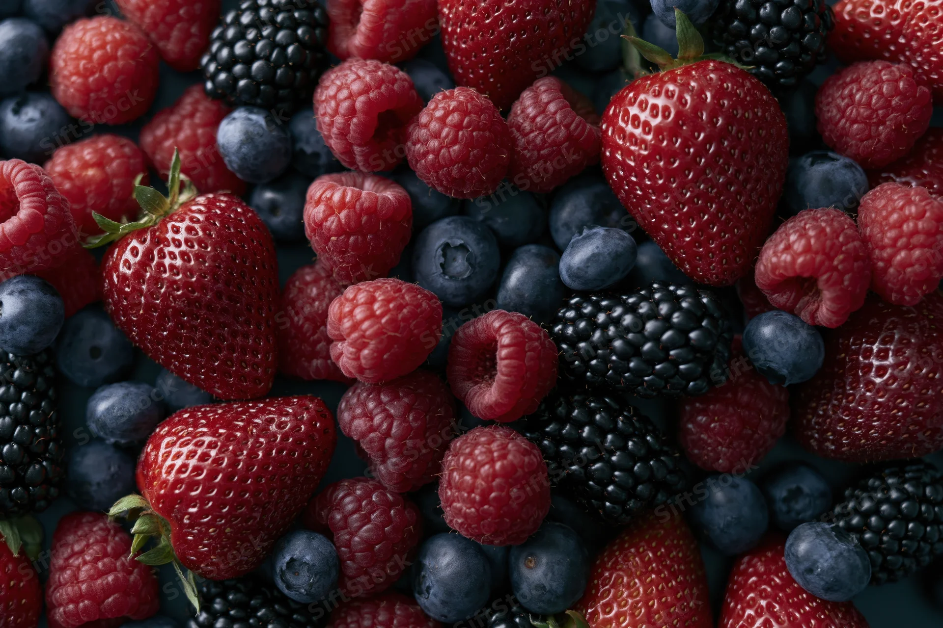 Overhead flat lay of mixed fresh berries including strawberries raspberries blueberries and blackberries