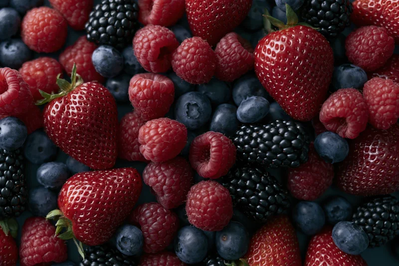 Overhead flat lay of mixed fresh berries including strawberries raspberries blueberries and blackberries
