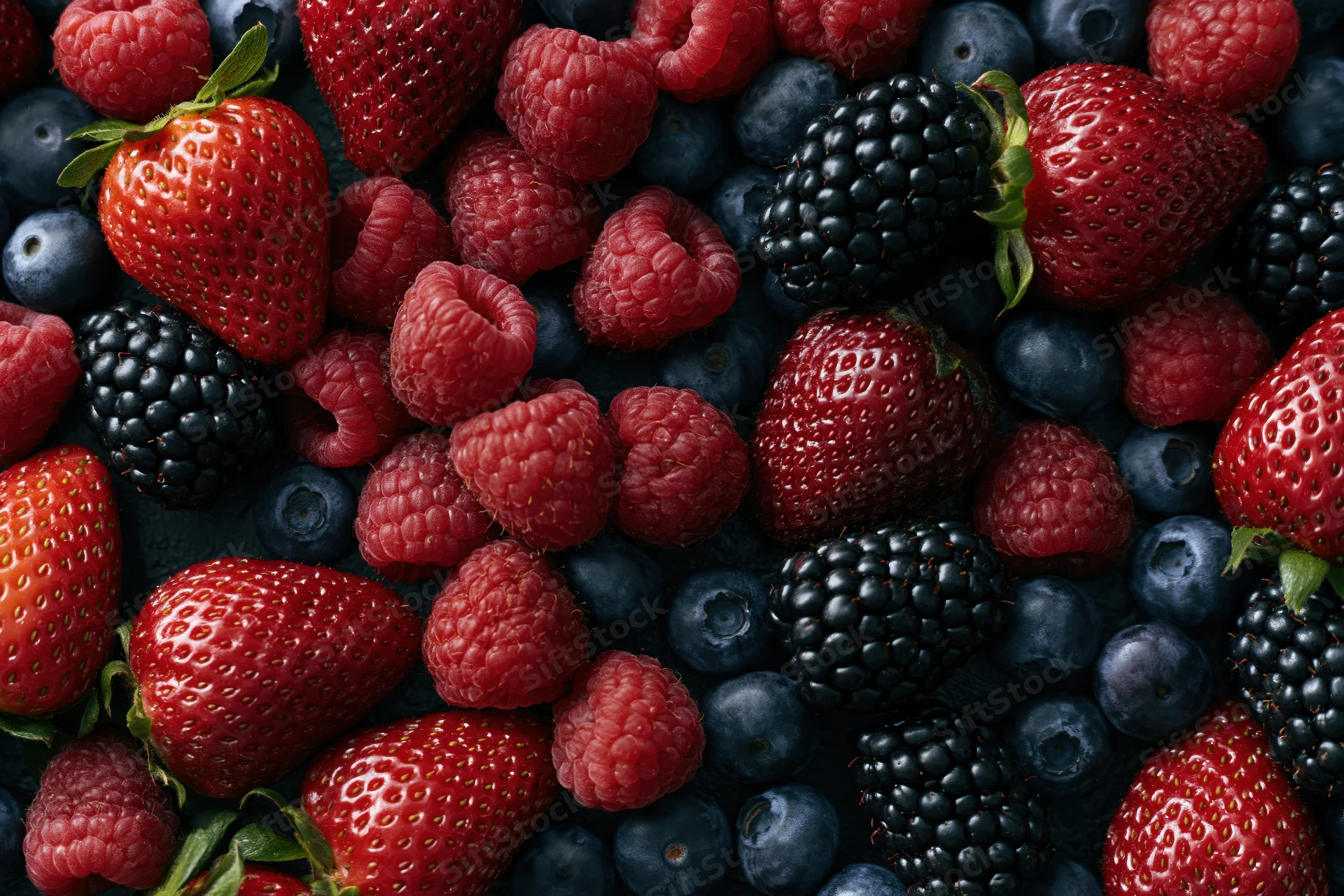 Overhead flat lay of mixed fresh berries including strawberries raspberries blueberries and blackberries
