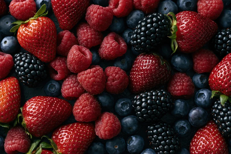 Overhead flat lay of mixed fresh berries including strawberries raspberries blueberries and blackberries